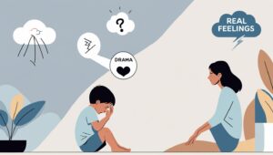 Ilustrasi anak kecil duduk sendirian di pojok kamar, dengan ekspresi sedih, sementara ibunya duduk di sebelahnya dengan tangan menepuk pelan punggung anak