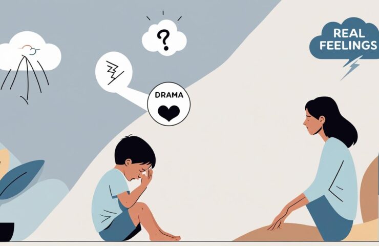 Ilustrasi anak kecil duduk sendirian di pojok kamar, dengan ekspresi sedih, sementara ibunya duduk di sebelahnya dengan tangan menepuk pelan punggung anak
