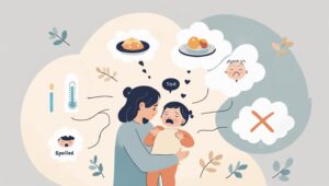 Anak kecil sedang menangis di pangkuan ibunya, ibu sedang memeluk anak dengan penuh kasih sayang sambil tersenyum menenangkan