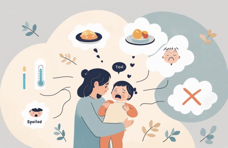 Anak kecil sedang menangis di pangkuan ibunya, ibu sedang memeluk anak dengan penuh kasih sayang sambil tersenyum menenangkan