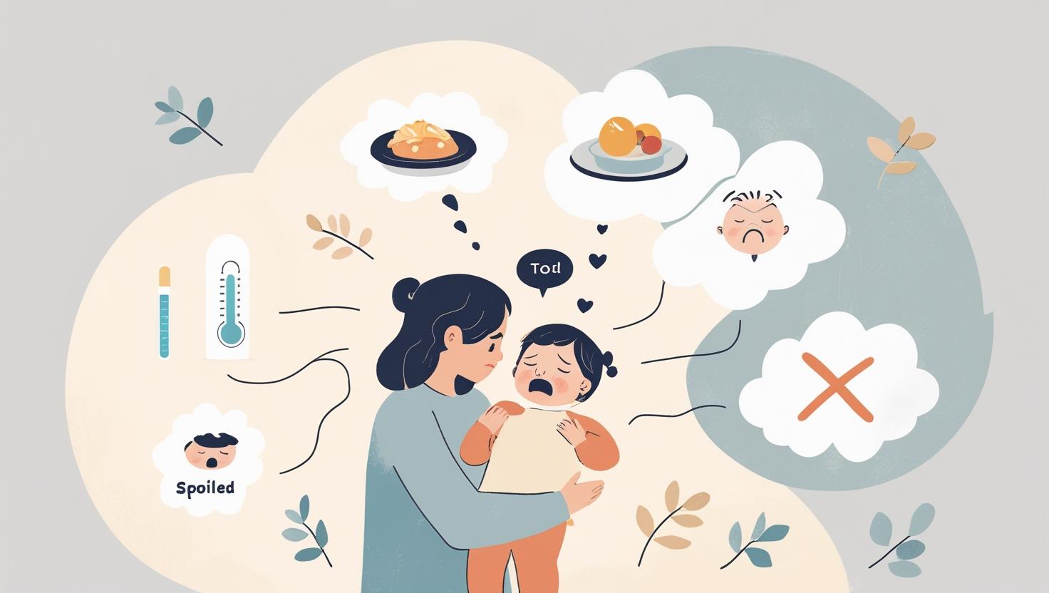 Anak kecil sedang menangis di pangkuan ibunya, ibu sedang memeluk anak dengan penuh kasih sayang sambil tersenyum menenangkan