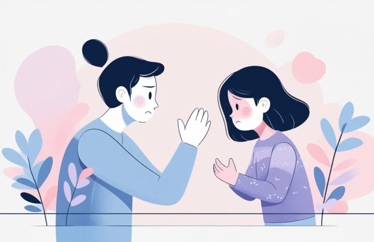 Ilustrasi ibu dan anak sedang bertengkar, keduanya tampak marah dengan wajah merah dan ekspresi kesal