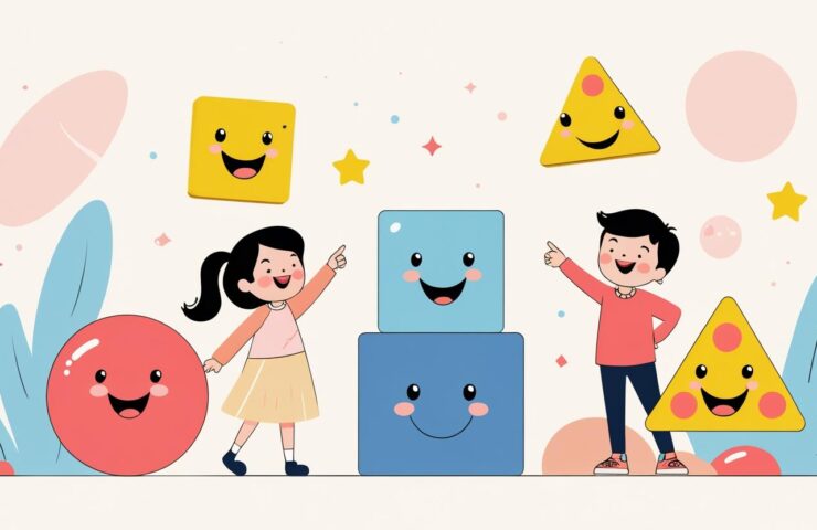 Anak-anak belajar bentuk bahasa Inggris circle square triangle rectangle star dengan metode bermain interaktif, shape hunt, drawing shapes, flashcard, dan shape sorting games