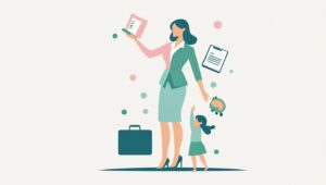 Ilustrasi ibu bekerja di laptop sambil anak bermain di dekatnya, dengan jam dan kalender menunjukkan jadwal yang terorganisir