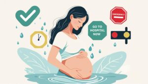 Ilustrasi seorang ibu hamil yang sedang merasakan cairan ketuban pecah, dengan gambar cairan bening yang keluar, pembalut bersalin, dan jam digital menunjukkan waktu kejadian.