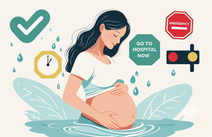 Ilustrasi seorang ibu hamil yang sedang merasakan cairan ketuban pecah, dengan gambar cairan bening yang keluar, pembalut bersalin, dan jam digital menunjukkan waktu kejadian.