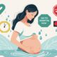 Ilustrasi seorang ibu hamil yang sedang merasakan cairan ketuban pecah, dengan gambar cairan bening yang keluar, pembalut bersalin, dan jam digital menunjukkan waktu kejadian.