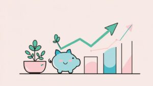 Ilustrasi keluarga bahagia sedang menabung bersama dengan piggy bank lucu berbentuk pesawat, chart progress di dinding, dan ekspresi gembira saat melihat tabungan bertambah.