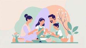 Ilustrasi keluarga sedang membahas keuangan di meja makan, dengan buku catatan dan aplikasi keuangan di ponsel.