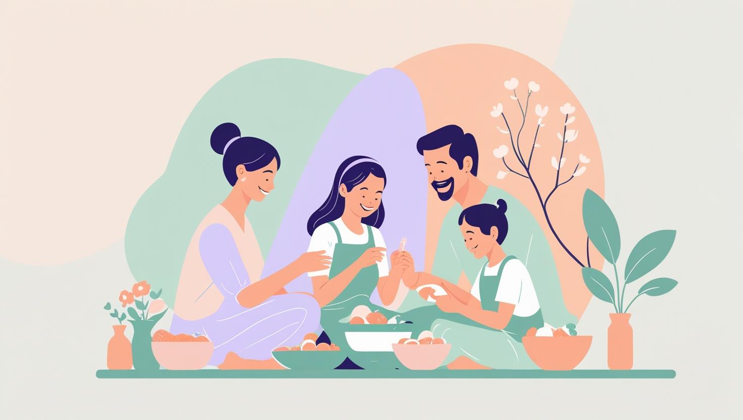 Ilustrasi keluarga sedang membahas keuangan di meja makan, dengan buku catatan dan aplikasi keuangan di ponsel.
