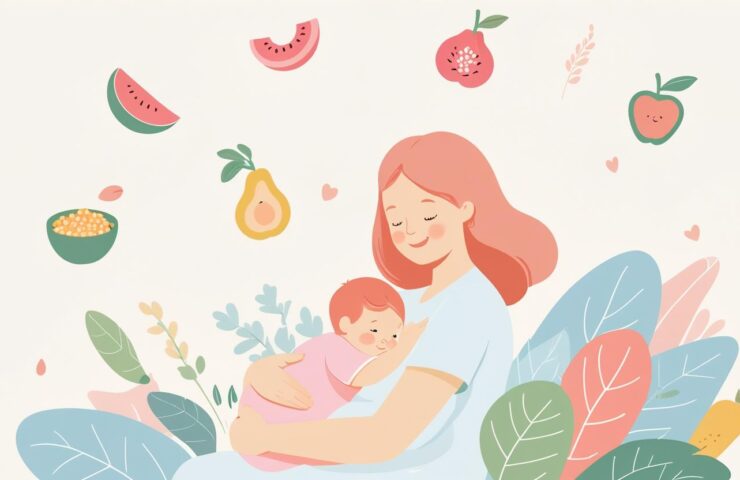 Sepiring menu sehat untuk ibu menyusui berisi oatmeal dengan pisang dan almond, segelas susu kedelai hangat, ikan salmon panggang, dan tumis bayam. Di sampingnya ada botol air putih dan teh jahe hangat.
