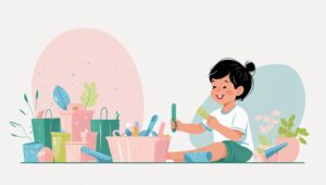 Ilustrasi anak perempuan sedang bermain dengan botol bekas dan kancing warna-warni di atas meja kayu, dengan ekspresi serius dan penuh konsentrasi