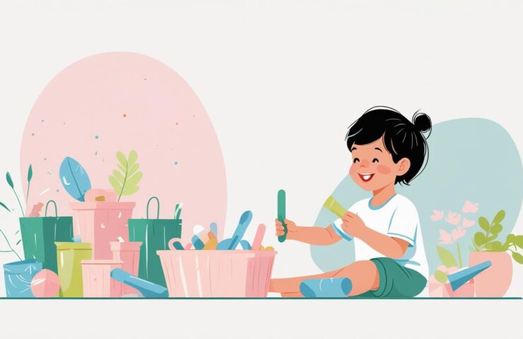 Ilustrasi anak perempuan sedang bermain dengan botol bekas dan kancing warna-warni di atas meja kayu, dengan ekspresi serius dan penuh konsentrasi
