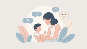 Ilustrasi anak laki-laki berusia sekitar 2 tahun sedang duduk di pangkuan ibunya sambil dibacakan buku, dengan ekspresi serius dan ibu tersenyum hangat
