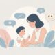 Ilustrasi anak laki-laki berusia sekitar 2 tahun sedang duduk di pangkuan ibunya sambil dibacakan buku, dengan ekspresi serius dan ibu tersenyum hangat