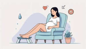 Ilustrasi wanita hamil di trimester ketiga sedang duduk santai di kursi dengan kaki terangkat di atas bantal, tampak nyaman mengurangi pembengkakan kaki.