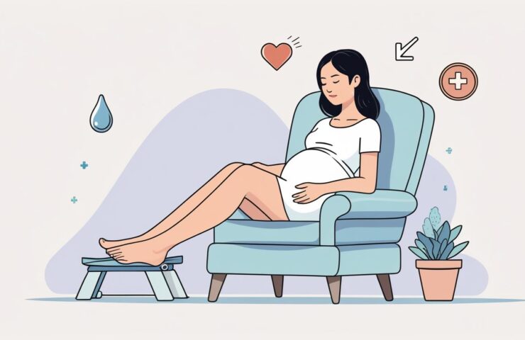 Ilustrasi wanita hamil di trimester ketiga sedang duduk santai di kursi dengan kaki terangkat di atas bantal, tampak nyaman mengurangi pembengkakan kaki.