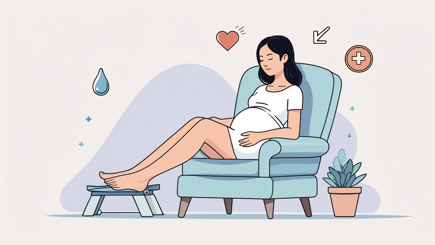 Ilustrasi wanita hamil di trimester ketiga sedang duduk santai di kursi dengan kaki terangkat di atas bantal, tampak nyaman mengurangi pembengkakan kaki.