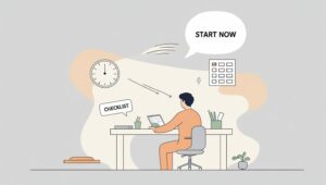 Ilustrasi seorang wanita menulis di meja kerja sambil minum kopi, dengan jam dinding menunjukkan pukul 6 pagi. Latar suasana rumah yang nyaman dan tenang.