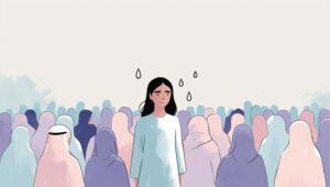 Ilustrasi seorang wanita duduk sendirian di tengah kerumunan teman yang sedang tertawa dan ngobrol, tampak termenung dengan ekspresi campur aduk.