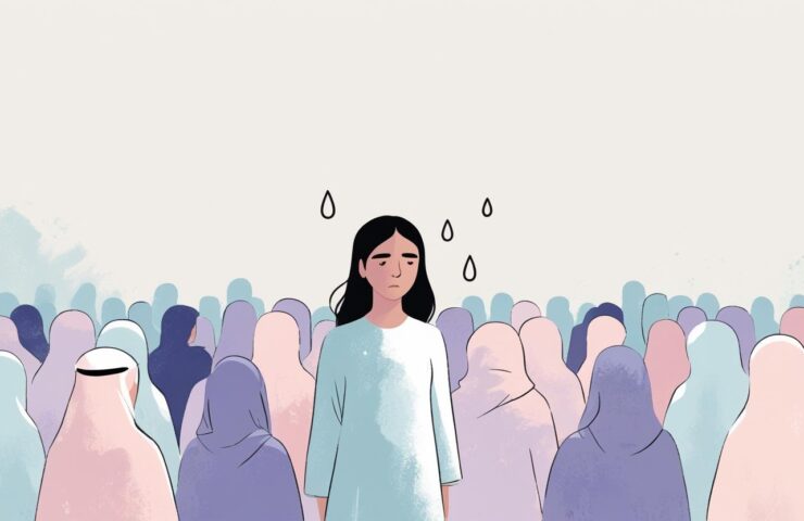 Ilustrasi seorang wanita duduk sendirian di tengah kerumunan teman yang sedang tertawa dan ngobrol, tampak termenung dengan ekspresi campur aduk.