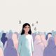 Ilustrasi seorang wanita duduk sendirian di tengah kerumunan teman yang sedang tertawa dan ngobrol, tampak termenung dengan ekspresi campur aduk.