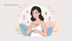 Ilustrasi wanita hamil di trimester pertama sedang memegang payudaranya dengan ekspresi tidak nyaman, duduk di tepi tempat tidur dengan cahaya pagi yang lembut masuk dari jendela.