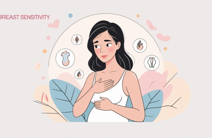 Ilustrasi wanita hamil di trimester pertama sedang memegang payudaranya dengan ekspresi tidak nyaman, duduk di tepi tempat tidur dengan cahaya pagi yang lembut masuk dari jendela.