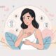 Ilustrasi wanita hamil di trimester pertama sedang memegang payudaranya dengan ekspresi tidak nyaman, duduk di tepi tempat tidur dengan cahaya pagi yang lembut masuk dari jendela.