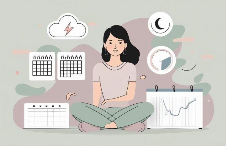 Ilustrasi wanita memegang kalender menstruasi dengan ekspresi bingung, menunjukkan ketidakpastian siklus haid yang tidak teratur