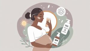 Ilustrasi wanita hamil di trimester kedua sedang memandangi cermin dengan garis gelap vertikal di perutnya, tampak menerima perubahan dengan tenang sambil memegang perut dengan lembut.