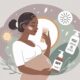 Ilustrasi wanita hamil di trimester kedua sedang memandangi cermin dengan garis gelap vertikal di perutnya, tampak menerima perubahan dengan tenang sambil memegang perut dengan lembut.