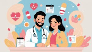 Seorang wanita sedang melakukan pemeriksaan kesehatan di klinik, dengan dokter yang sedang memeriksa tensi darah dan hasil laboratorium di meja