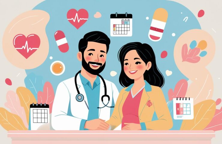 Seorang wanita sedang melakukan pemeriksaan kesehatan di klinik, dengan dokter yang sedang memeriksa tensi darah dan hasil laboratorium di meja