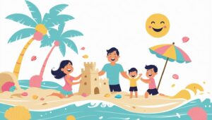 Keluarga sedang bermain di pantai dengan anak-anak yang tertawa bahagia di bawah sinar matahari.