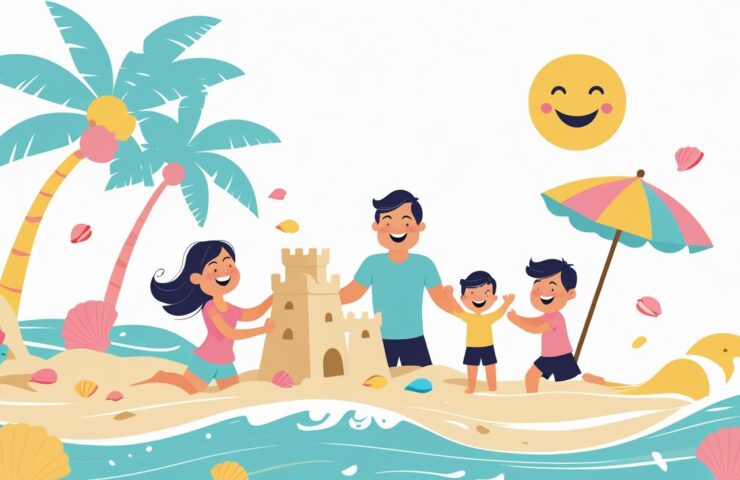Keluarga sedang bermain di pantai dengan anak-anak yang tertawa bahagia di bawah sinar matahari.