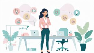 Ilustrasi wanita berdiri tegak dengan pose percaya diri di depan meja meeting, dengan rekan kerja menatap dengan respect