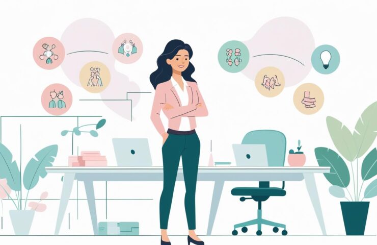 Ilustrasi wanita berdiri tegak dengan pose percaya diri di depan meja meeting, dengan rekan kerja menatap dengan respect