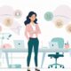 Ilustrasi wanita berdiri tegak dengan pose percaya diri di depan meja meeting, dengan rekan kerja menatap dengan respect