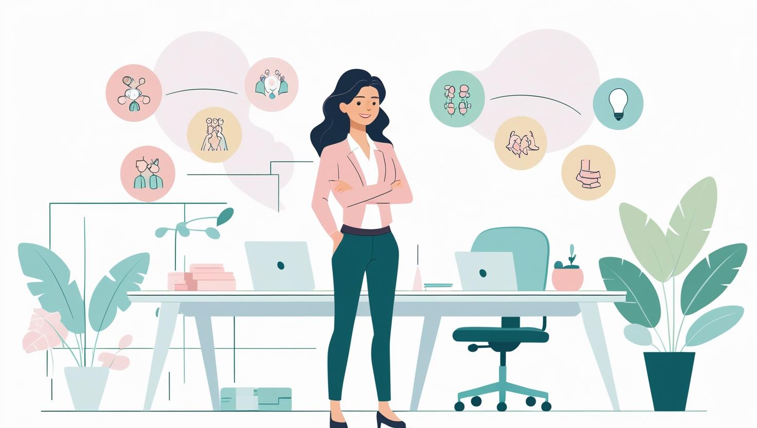 Ilustrasi wanita berdiri tegak dengan pose percaya diri di depan meja meeting, dengan rekan kerja menatap dengan respect