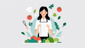 Ibu rumah tangga sedang menulis menu plan mingguan di meja dapur, dengan daftar belanja yang sudah disiapkan dan bahan-bahan segar di latar belakang