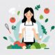 Ibu rumah tangga sedang menulis menu plan mingguan di meja dapur, dengan daftar belanja yang sudah disiapkan dan bahan-bahan segar di latar belakang