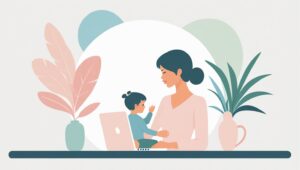 Ilustrasi wanita bekerja di laptop sambil anak kecil bermain di latar belakang, dengan jam dinding menunjukkan waktu fleksibel