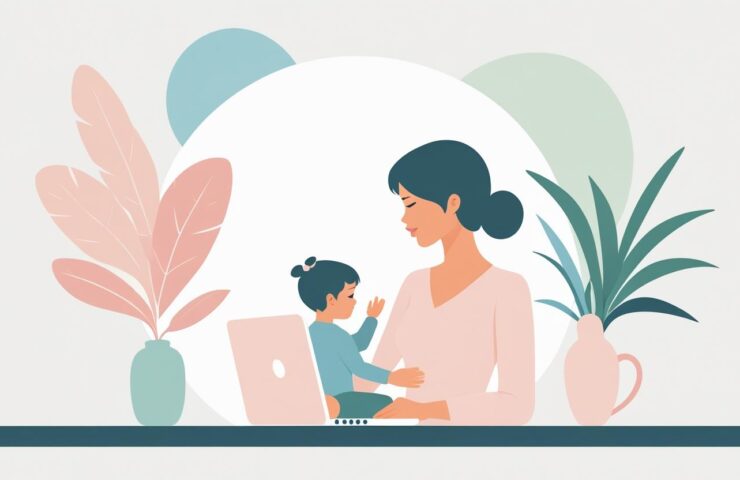 Ilustrasi wanita bekerja di laptop sambil anak kecil bermain di latar belakang, dengan jam dinding menunjukkan waktu fleksibel