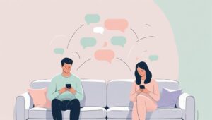 Ilustrasi pasangan duduk di sofa yang berbeda, satu melihat ponsel dan satu lagi menatap jendela, dengan ekspresi yang terpisah.