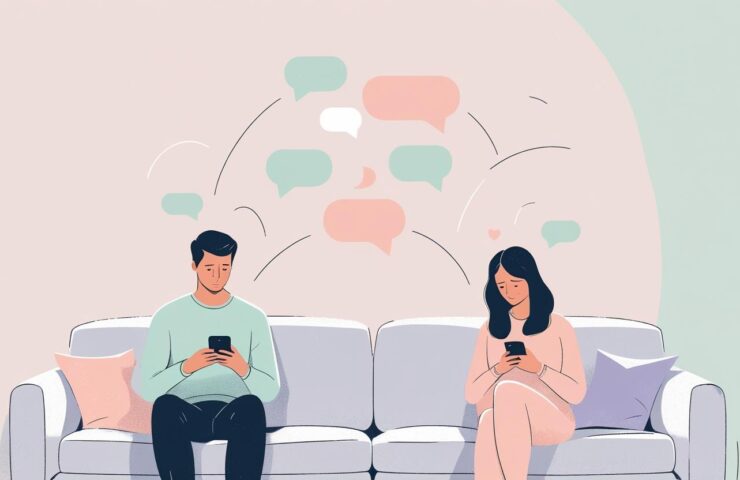 Ilustrasi pasangan duduk di sofa yang berbeda, satu melihat ponsel dan satu lagi menatap jendela, dengan ekspresi yang terpisah.