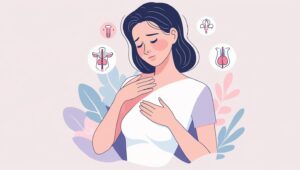Ilustrasi wanita memegang payudara dengan ekspresi tidak nyaman, menunjukkan nyeri payudara sebelum menstruasi dengan latar belakang kalender haid.
