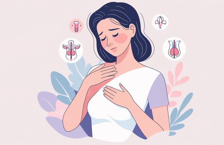 Ilustrasi wanita memegang payudara dengan ekspresi tidak nyaman, menunjukkan nyeri payudara sebelum menstruasi dengan latar belakang kalender haid.