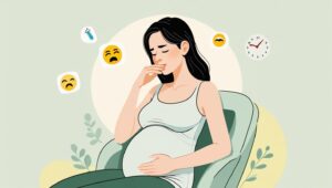 Ilustrasi wanita hamil di trimester pertama sedang duduk di tepi tempat tidur dengan tangan menutup mulut, tampak mual, dengan secangkir teh jahe di meja kecil di sampingnya.