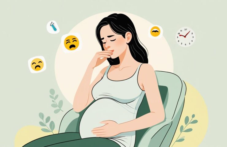 Ilustrasi wanita hamil di trimester pertama sedang duduk di tepi tempat tidur dengan tangan menutup mulut, tampak mual, dengan secangkir teh jahe di meja kecil di sampingnya.